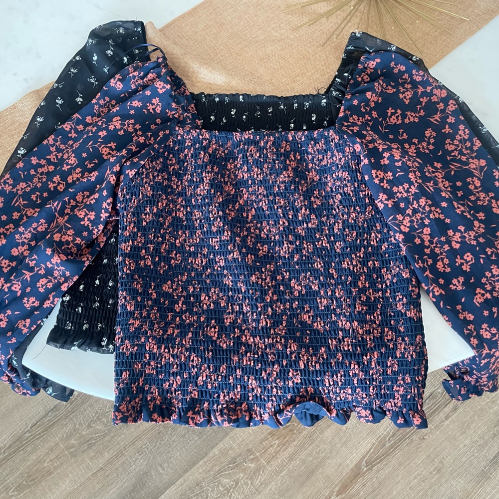 Two Lush Medium Blouses: New Navy and Orange & used Black Smocked Blouse